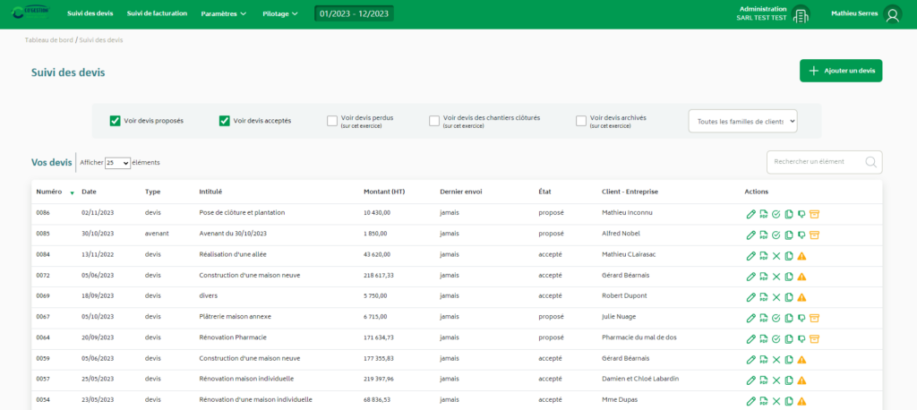 Suivi des devis logiciel en Saas Lycorne 